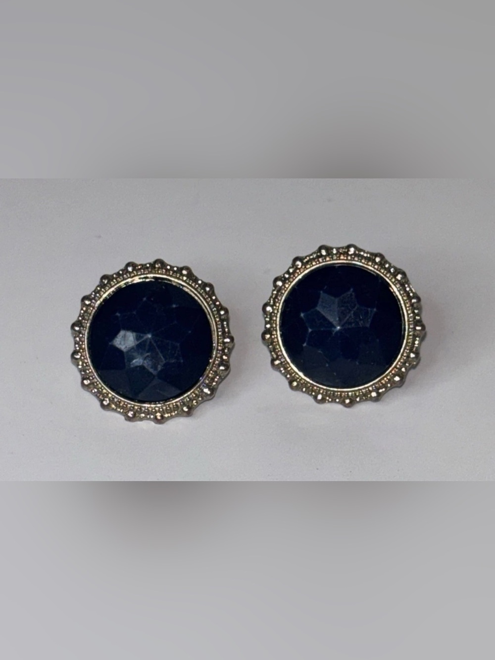 Vintage Blue Faceted Glass Stud‎ Earrings Gold Tone Round Statement